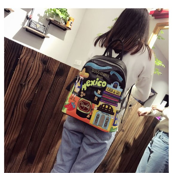 Women Leather Patchwork Embroidery Backpack